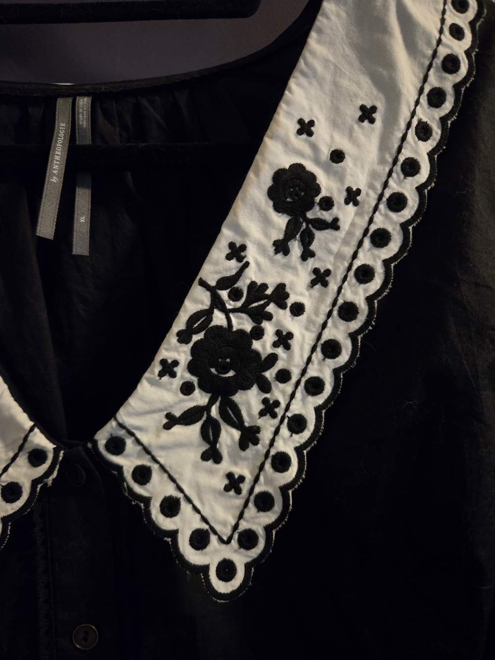 Anthropologie Black Button-Front Blouse with Embroidered White Collar - Picture 3 of 6